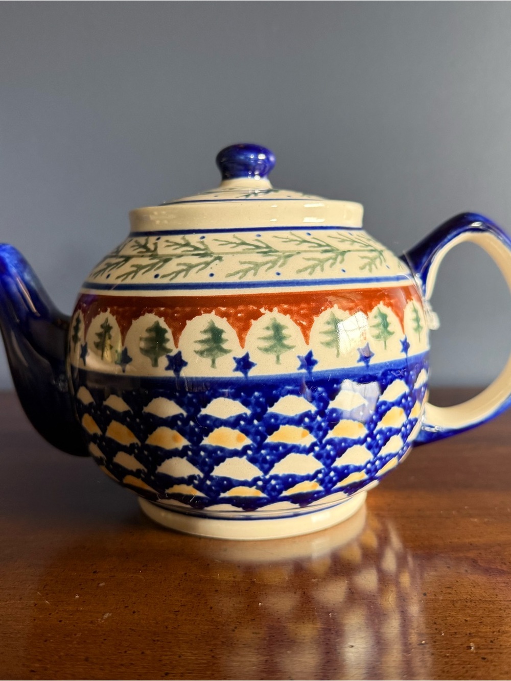 Bolesławiec Polish Pottery Hand-Painted Blue and White Patterned Ceramic Teapot